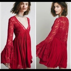 Free People red lace long sleeve dress. Small